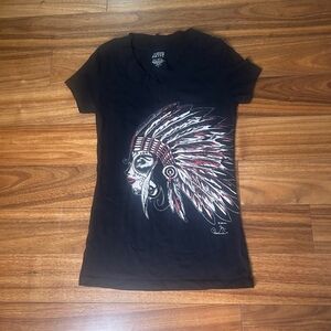 Active Basic Graphic Tee Sugar Skull Headdress V-Neck Top Black Small‎